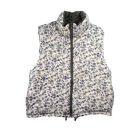 Blank NYC Reversible Puffer Vest Cream Floral Print Olive Green Large Cottage - Picture 2 of 12
